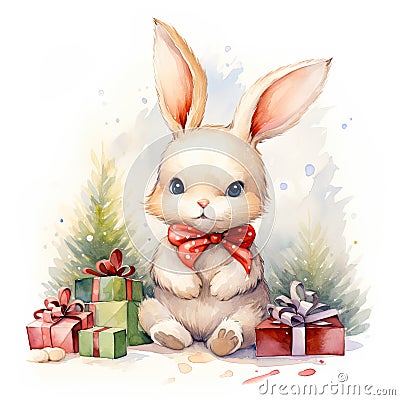 Cute and sweet tiny Christmas bunny sitting by a Christmas tree and gifts Stock Photo