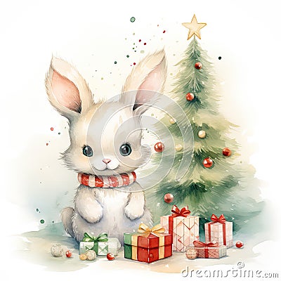 Cute and sweet tiny Christmas bunny sitting by a Christmas tree and gifts Stock Photo