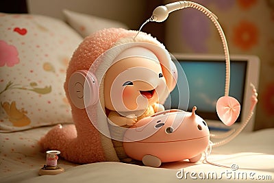a cute and sweet white fairy baby snake, sweet smile, small peach bloson around, wearing a big headphone Stock Photo