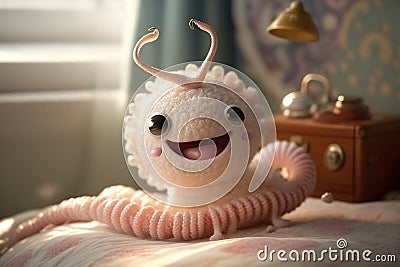 a cute and sweet white fairy baby snake, sweet smile, small peach bloson around, wearing a big headphone Stock Photo