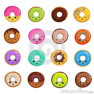 Cute sweets donuts in japanese kawaii style vector set Vector Illustration