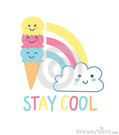 Cute t shirt design with kawaii ice cream cone, rainbow, cloud and slogan Stock Photo