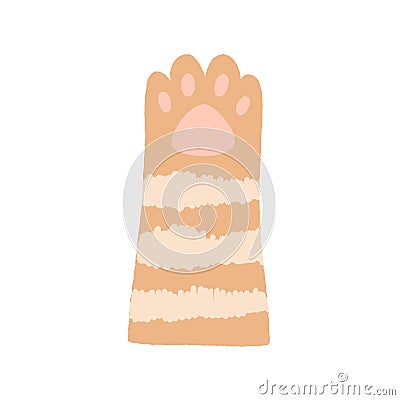 Cute tabby cat's paw with soft gentle pads. Feline animal's hand raised up, gesturing hi. Adorable lovely foot of kitty Vector Illustration