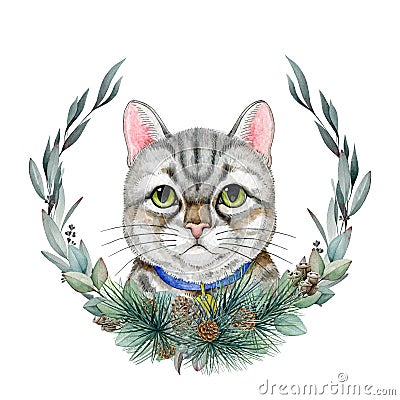 Cute tabby cat with winter floral wreath decor. Watercolor illustration. Hand painted funny kitty with winter season Cartoon Illustration
