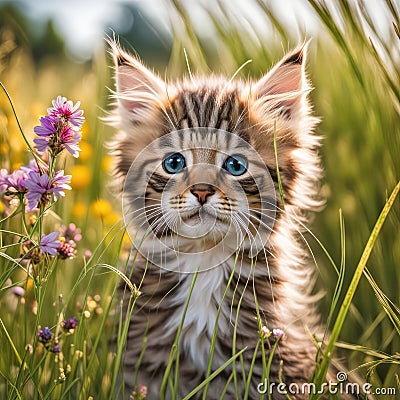 Tabby Kitten In Country Meadow Stock Photo