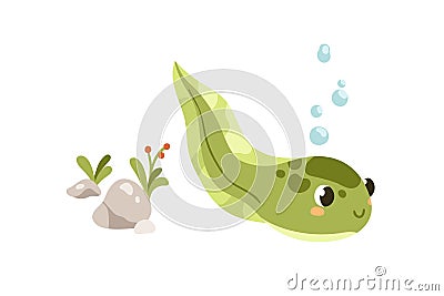 Cute tadpole swimming. Little larval froggy floating. Baby frog, small amphibian, adorable animal. Funny happy smiling Vector Illustration