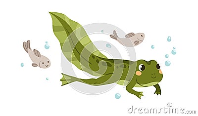 Cute tadpole swimming in water. Little baby frog floating. Green amphibian, adorable froggy animal. Happy smiling larval Vector Illustration