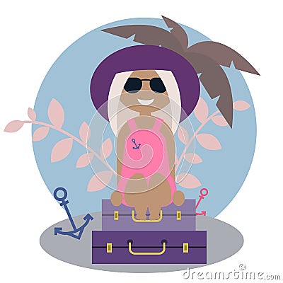 Cute tanned blond girl traveler sitting on the luggage under the palm Vector Illustration