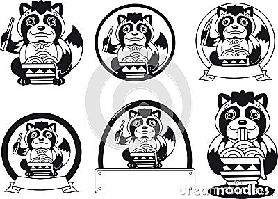 Cute tanuki eats noodles ramen, logo design illustration Vector Illustration