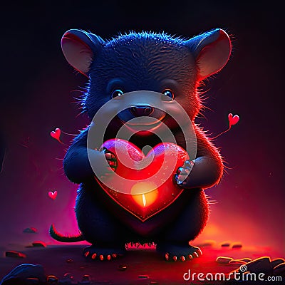 Cute Tasmanian Devil hugging heart Valentine's day greeting card with cute little mouse holding red heart. AI Generated Stock Photo