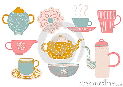 Cute Tea Set, Tea Party Elements with Teapot, Teacup, Saucer, Jug Milk and Napkin Vector Illustration Vector Illustration