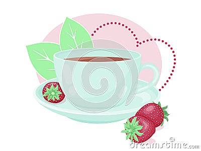 Cute teacup with fresh strawberry and decor. Cartoon Illustration