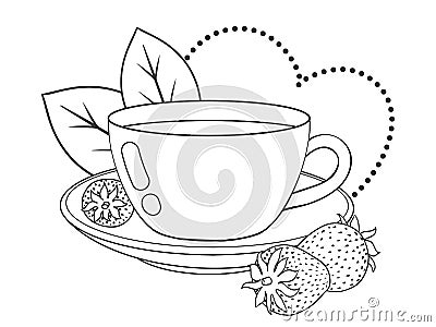 Cute teacup with fresh strawberry and decor. Line art. Cartoon Illustration