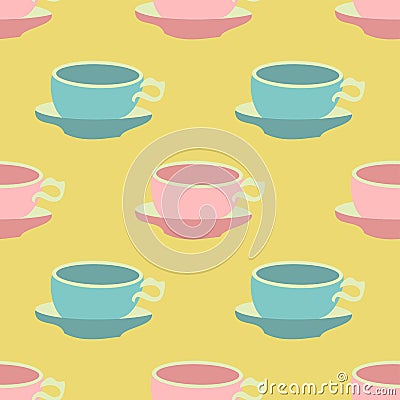 Cute Teacup Vector Repeat Pattern In Pink And Blue On A Yellow Background Vector Illustration