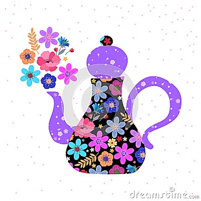 Cute teapot with floral ornament. Teatime with flowers. Square card design for tea party Vector Illustration