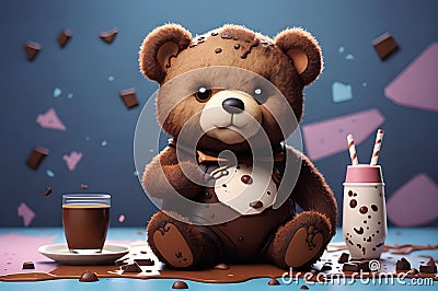 Cute teddy bear in a bodysuit, having a bar of chocolate for breakfast guilty surprised face and enjoy eating Stock Photo