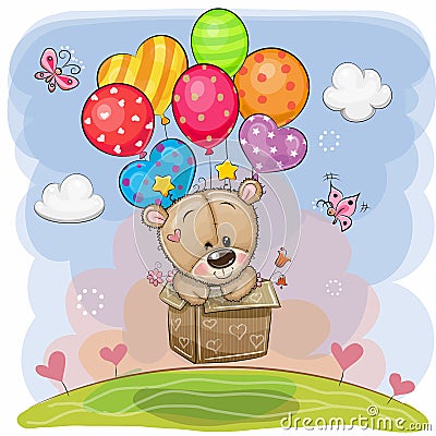 Cute Teddy Bear in the box is flying on balloons Vector Illustration