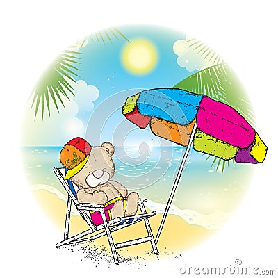 A cute teddy bear in a cap sunbathing in a chaise longue under a multi-colored umbrella. Rest near the sea. Vector illustration fo Vector Illustration