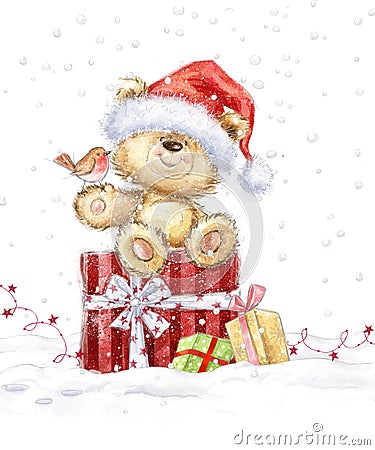 Cute teddy bear with christmas gifts in the Santa hat. Stock Photo