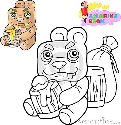 Cute teddy bear eats honey, coloring book, funny illustration Vector Illustration