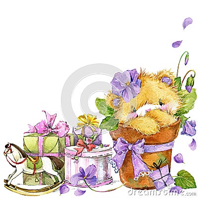 Cute teddy bear and flower violet background. Watercolor teddy bear. Cartoon Illustration