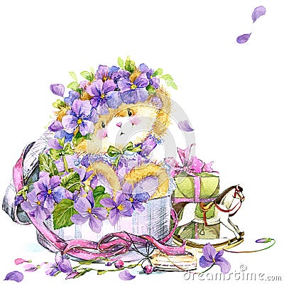 Cute teddy bear and flower violet background. Watercolor teddy bear. Cartoon Illustration