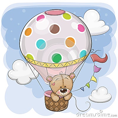 Cute Teddy Bear is flying on a hot air balloon Vector Illustration