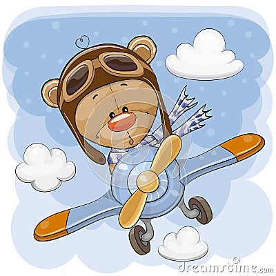 Cute Teddy Bear is flying on a plane Vector Illustration