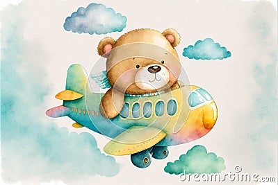 Cute teddy bear is flying on a plane children's poster in watercolor Stock Photo