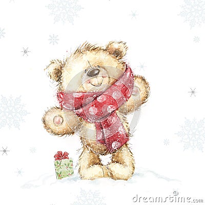 Cute teddy bear with the gift Christmas greeting card. Merry Christmas. New year, Cartoon Illustration