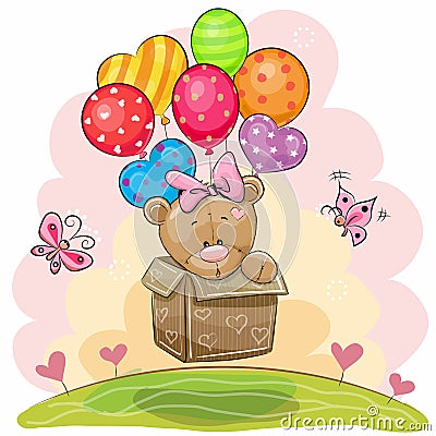 Cute Teddy Bear girl with balloons Vector Illustration