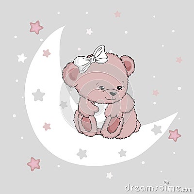 Cute teddy bear girl on the moon Vector Illustration