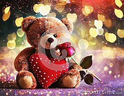 Cute teddy bear holding a heart shaped pillow and a rose, Valentines Dat concept Stock Photo