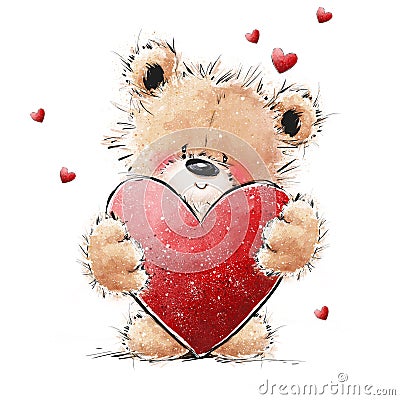 Cute Teddy Bear in love with big red heart. Valentines or Mothers day postcard. Stock Photo