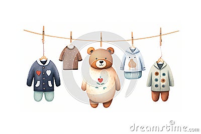 Cute teddy bear and other clothes hanging on clothesline Cartoon Illustration