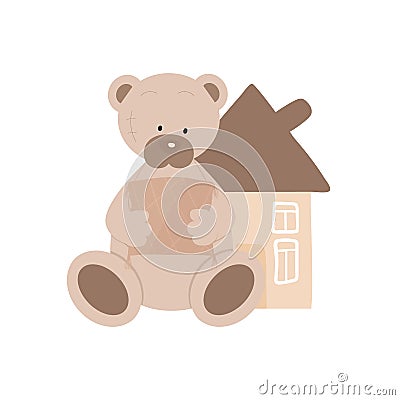 Cute teddy bear with a pillow in its paws near the house Vector Illustration