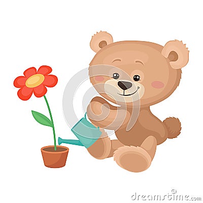 Cute teddy bear with pink cheeks and shiny eyes watering blossoming flower. Plush children toy. Flat vector icon Vector Illustration