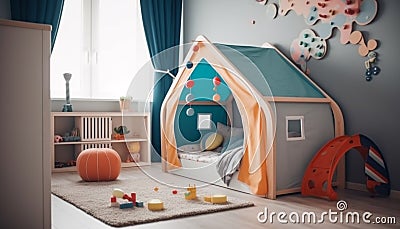 Cute teddy bear plays on modern flooring in playful bedroom generated by AI Stock Photo