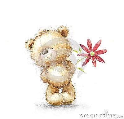 Cute Teddy bear with the red flower. I love you. Birthday greeting card. Stock Photo