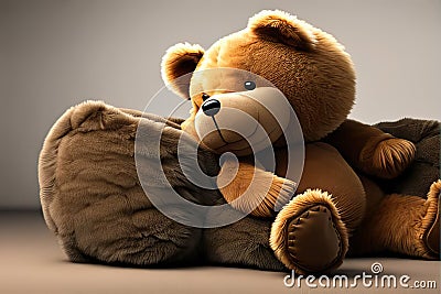 A cute teddy bear relaxing on a plush, fleecy cushion. Generative AI Stock Photo