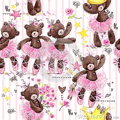 Cute teddy bear seamless pattern. watercolor illustration cartoon ballerina. Cartoon Illustration