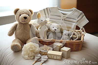 A cute teddy bear sitting on a cozy bed with a soft and welcoming appearance, Gift basket with gender neutral baby garment and Stock Photo
