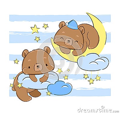 Cute Teddy bear sleeps on the moon print for textiles. Print for pajamas. vector Stock Photo