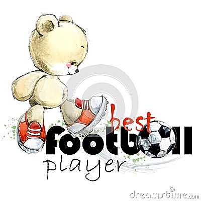 Cute teddy bear Soccer player hand drawn watercolor illustration. Best football player. Cartoon Illustration