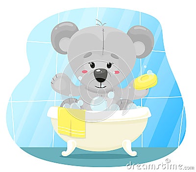 A cute teddy bear is washing in the bathroom with baby soap. Vector illustration in cartoon flat style. Vector Illustration