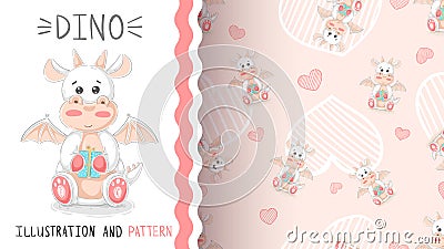 Cute teddy dino - seamless pattern Vector Illustration