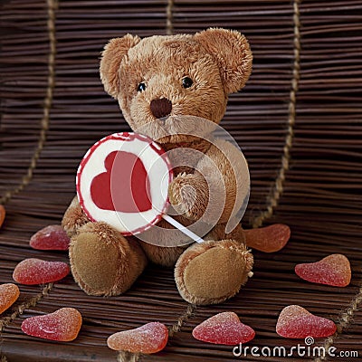 Cute Teddybear With Heart Lollipop Stock Photo