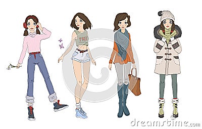 Cute teenage girl in different seasons outfits. Clothes for four seasons. Set of characters. Vector illustration Vector Illustration