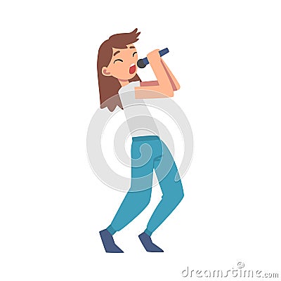 Cute Teenage Girl Singing with Microphone Cartoon Style Vector Illustration Vector Illustration