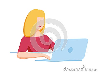 Cute teenage girl sitting at laptop computer and studying hard isolated on white background. Female student, schoolgirl Vector Illustration